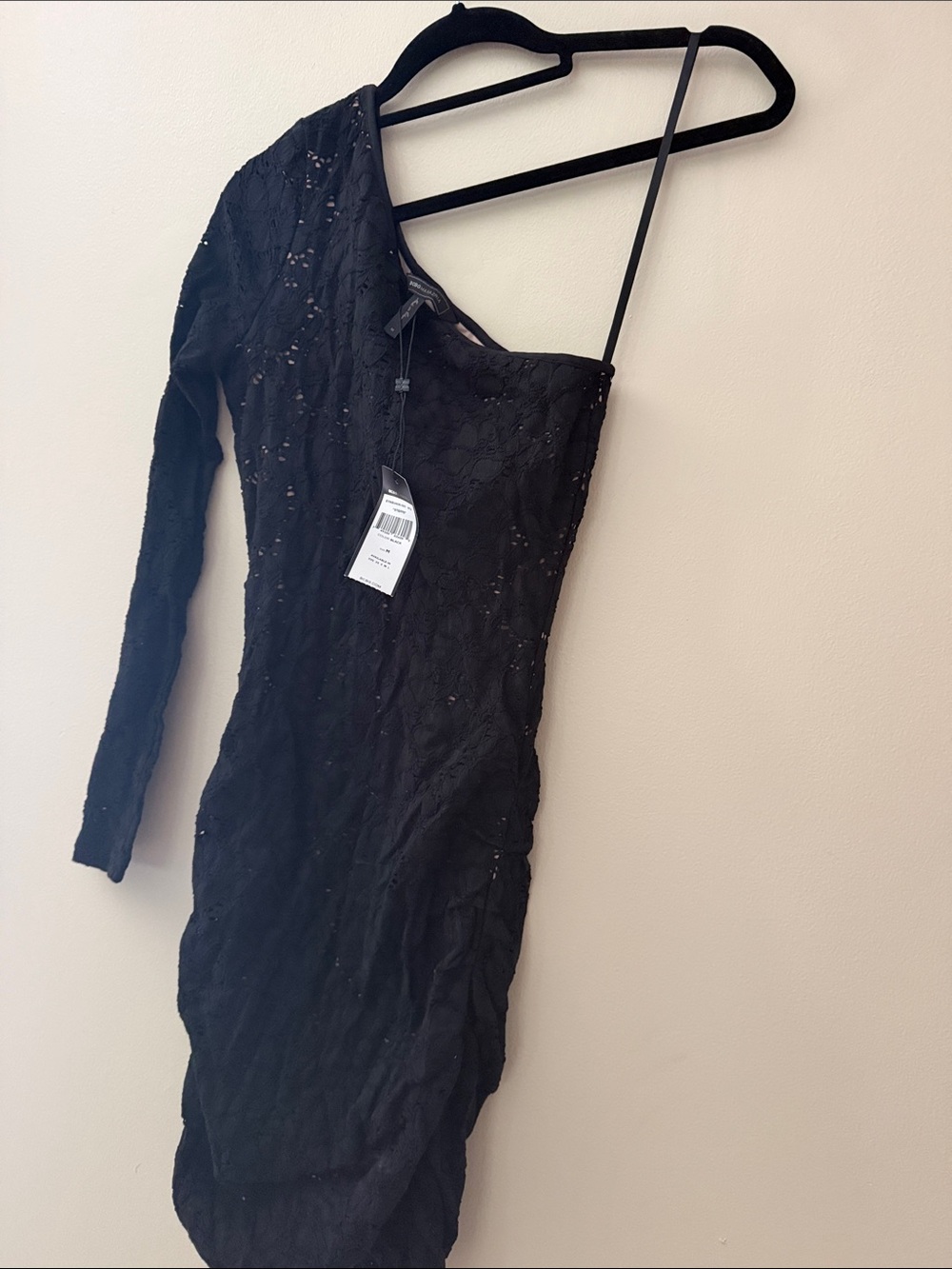 BCBGMaxAzria Black Asymmetrical One-Sleeve Lace Dress